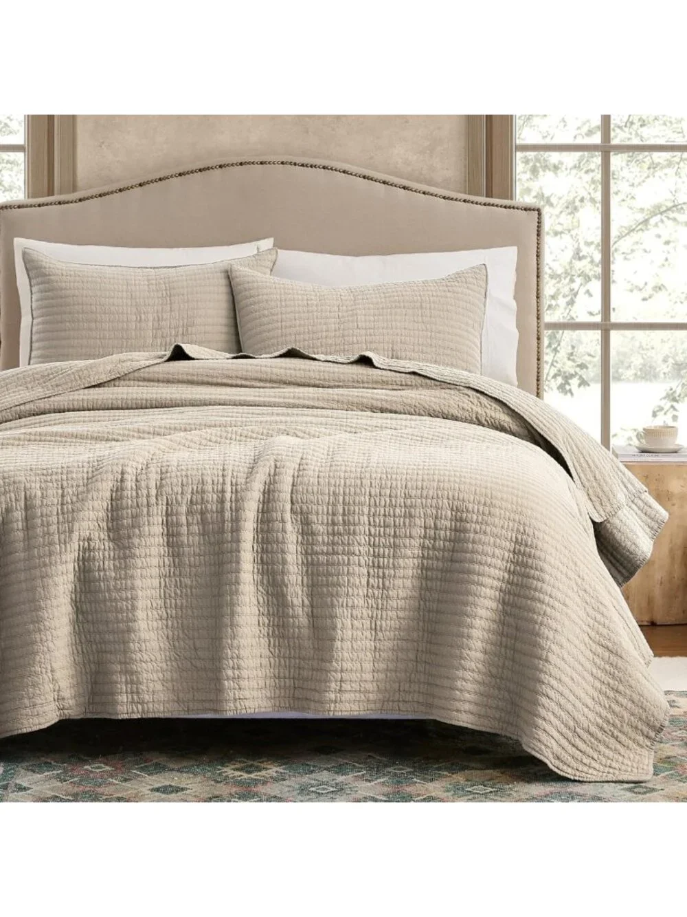 100% Cotton King Size Quilt Set, Channel Pick Stitch Design, Beige Flax Color